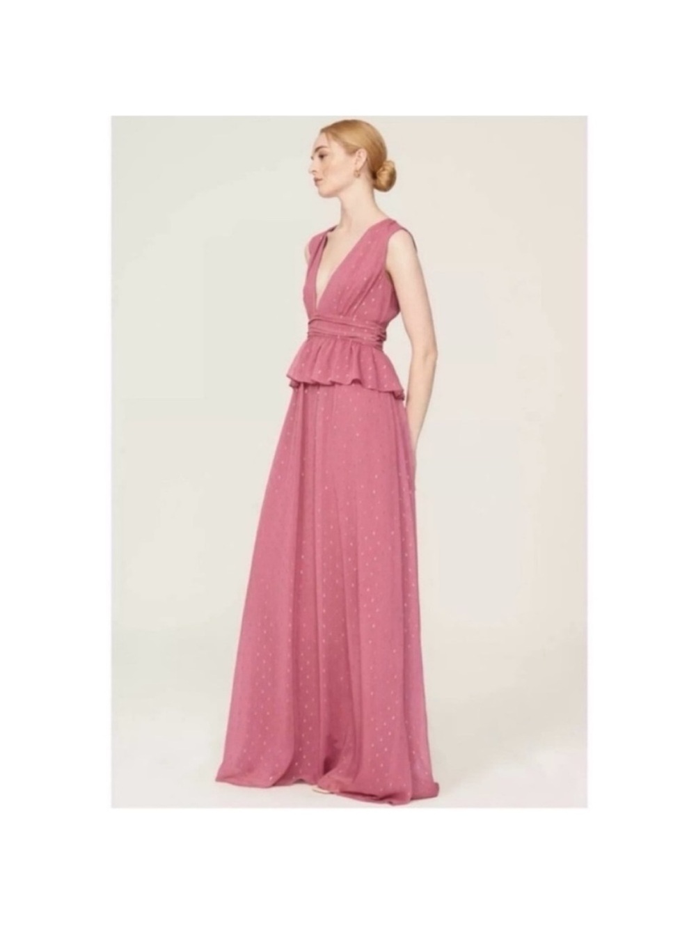 LDT dusty pink whimsy chiffon peplum waist gown maxi dress plunging neckline